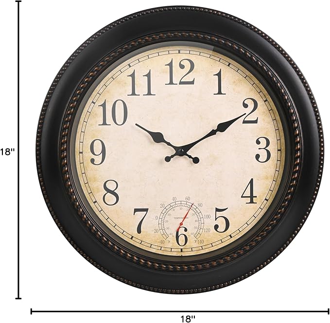 Outdoor Clock 18 Inch Large Wall Clocks with Thermometer for Living Room Patio Pool Garden-Retro Style (Bronze)