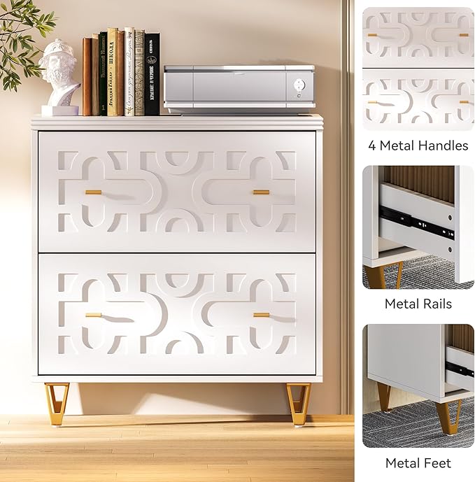 LITTLE TREE 2-Drawer File Cabinet, Under Desk Office Storage Cabinet for Letter Size File Folders with Tabs, Printer Stand, Fitting A4, Modern Home Office Organizer, White