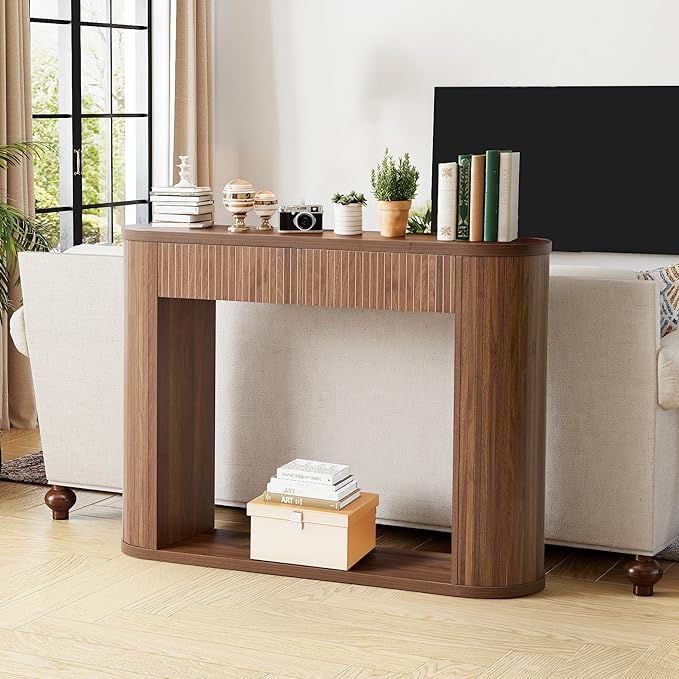 42.5” Console Table with 2 Drawers, Fluted Entryway Table with Rounded Corners, Rectangular Sofa Table Behind Couch for Living Room, Hallway, Foyer (Walnut)