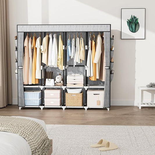 Portable Closet for Hanging Clothes, 67 Inch Wide Portable Wardrobe Closet with Cover, 4 Hanging Rod, Storage Shelves and Side Pockets, Large Free Standing Closet for Bedroom, Printing