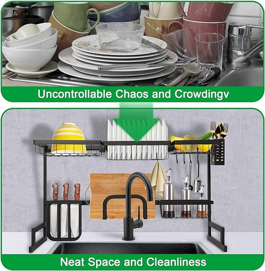LUCKYERMORE Over The Sink Dish Drying Rack, 2 Tier Dish Drying Rack,Dish Drainer Rack for Kitchen Counter Organization and Storage,Space-Saving Dish Rack,33.4" x 12.5" x 20.4", Black