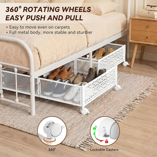 Under Bed Storage, Under the Bed Storage Containers with Wheels, Under Bed Shoe Storage Organizer Drawer, Tool-free Assembly Metal Underbed Storage for Bedroom Clothes Shoes Blankets-2 Pack White