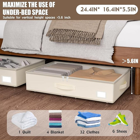 EE-RoomWorld Under Bed Storage with Wheels, No Assemble Required 5.5 inches height beige under bed storage bins,Low Profile Rolling Underbed Shoe Storage containers,dorm underbed storage drawers