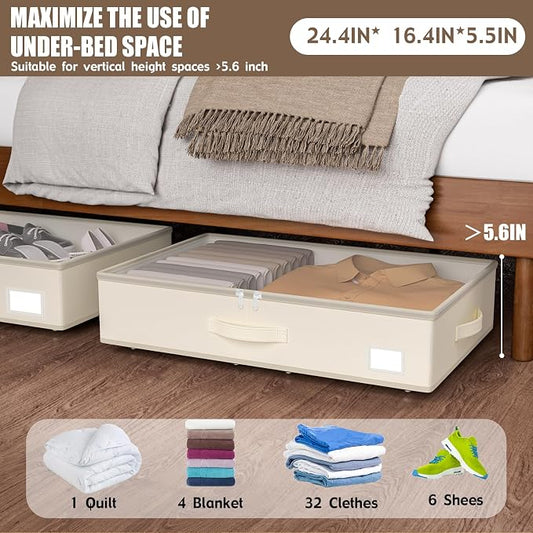 EE-RoomWorld Under Bed Storage with Wheels, No Assemble Required 5.5 inches height beige under bed storage bins,Low Profile Rolling Underbed Shoe Storage containers,dorm underbed storage drawers