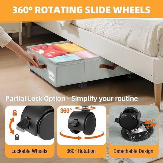 Under Bed Storage with Wheels,Underbed Storage with Sturdy Sidewalls/Bottom, Clear Cover, Label and PU Handle, Rolling Under Bed Drawers for Clothes, Shoes, 5.5 Inch Height,Grey, 2 Pack
