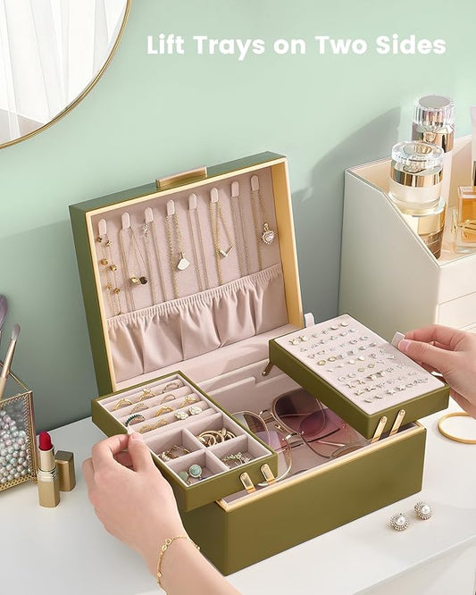 Lolalet Jewelry Box Organizer for Women Girls, 2 Layer Jewelry Organizers and Storage for Necklace Earrings Rings Bracelets, Large Jewellery Holder Case Birthday Gifts -Olive Green