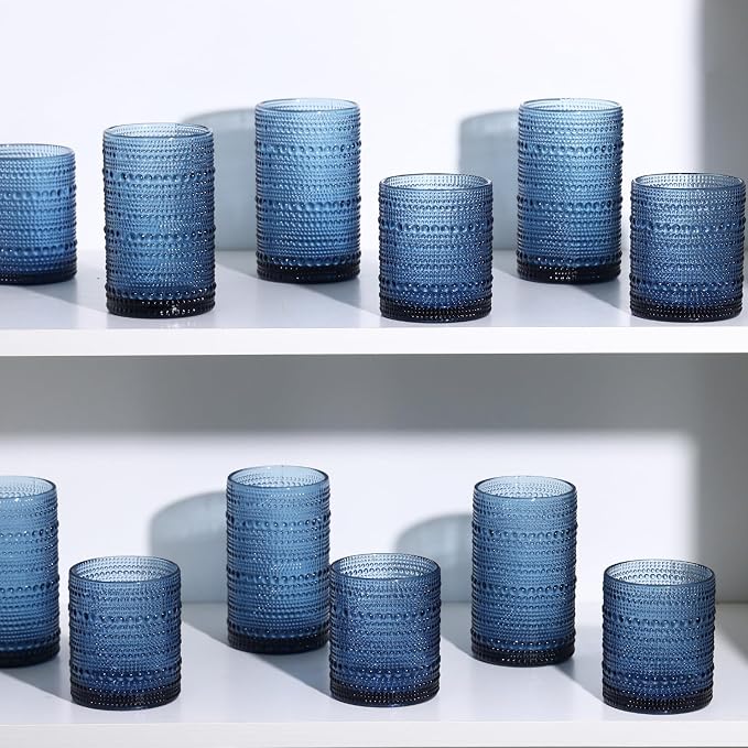 Moretoes Hobnail Drinking Glasses Set of 6, 12 Oz Highball Glasses & 10 Oz Cocktail Glasses, Clear Embossed Boho Glass Cups Kitchen Bar Tumbler Glassware Set for Whiskey, Beer, Juice, Milk (Blue)