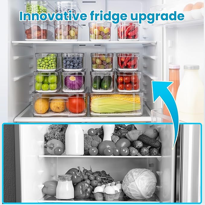 10 Pack Refrigerator Organizers, Clear Container and Organizer Bins with Lids, Stackable Storage Containers for Fruits, Vegetable (Set of 10)