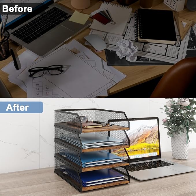 Natwind 4-Tier Stackable Paper Tray, Retro | Metal Mesh, Wood Board, Desktop Organizer, For Home, Office, School