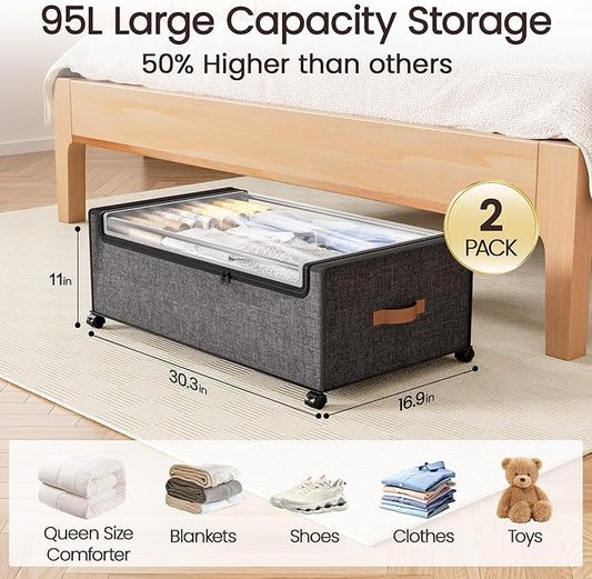 Yecaye 95 L Under Bed Storage with Wheels, 11 in Under Bed Storage Containers, Large Under Bed Shoe Storage with Lids, Rolling Underbed Storage bins for Clothes, Blankets, Gray