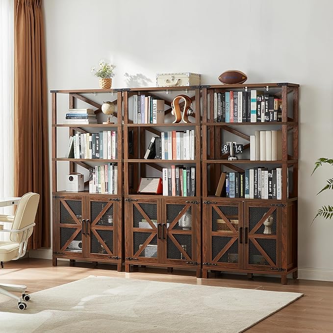 5 Tier Bookshelf 70" Tall Bookcase with Barn Doors,Large Farmhouse Display Book Shelf with Adjustable Shelves and Storage Cabinet,Library Wood Bookshelves for Living Room,Kitchen,Brown