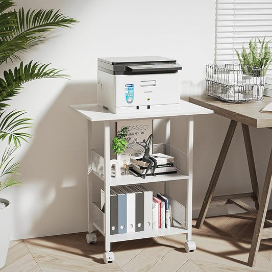 BOHDK Printer Stand, 3-Tier Industrial Large Printer Table with Shelf, 23"x15" Mobile Heavy Duty Storage Rack on Wheels for Home Office Printer Fax Machine Scanner Copier, White