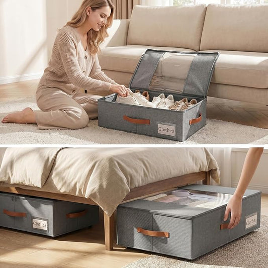 TOSKING 2-Pack Under Bed Storage Bins with Wheels, 4 Vacuum Bags, Heavy Duty 80 lbs, 7.9" Height, 47L Clear Lid Organizer, Space Saver for Dorm Bedroom Clothes Shoes Toys, Quick Assembly, Gray