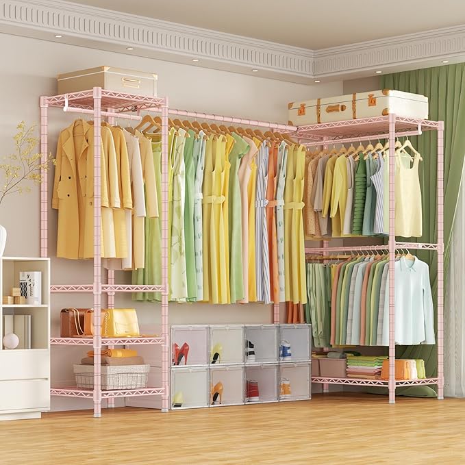 E10L L-Shaped Clothes Rack for Corner(With Expandable Hanger Rod)Heavy Duty Freestanding Clothing Racks for Hanging Clothes,Portable Garment Rack 58-82"W x 30"D x 72"H,Max Load 900LBS, Pink