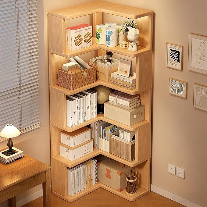 ALKSDNQ Corner Bookshelf, 3 Tier Corner Book Shelf Etagere Bookcase with Baffle, Freestanding L Shaped Display Shelf Stand for Home Office, Living Room, Bedroom, Brown