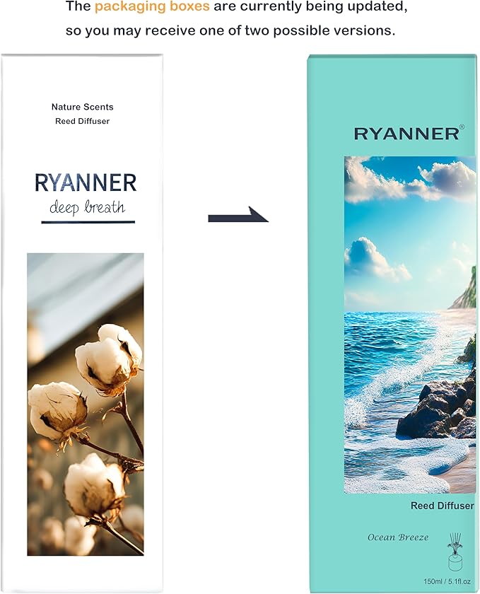 RYANNER Reed Diffuser Set,5.1 fl oz Ocean Breeze Scent Diffuser with Sticks Home Fragrance Reed Diffuser with Essential Oil for Bathroom Shelf Decor&Air Freshener,Home Bathroom Office Decor & Gifts