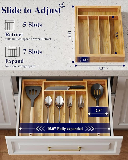 Kitsure Silverware Organizer - Expandable Bamboo Kitchen Drawer Organizer for Cooking Utensils and Cutlery, Sturdy & Thickened Kitchen Organizers and Storage Solution, Medium, Natural