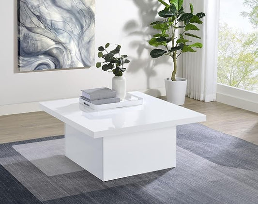 Coaster Home Furnishings - Devar - Wood - Square Coffee Table with Pedestal Base, Geometric Design and Contemporary Style - Living Room - White High Gloss - 710898