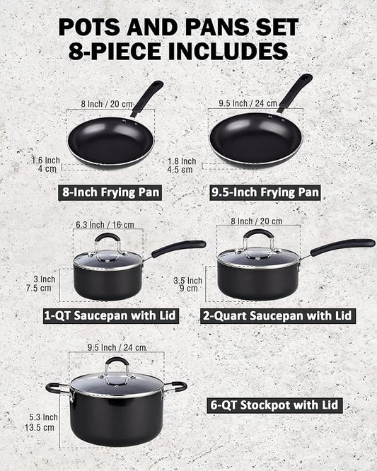 Cook N Home 8-Piece Nonstick Pot and Pan Set with Lid Induction Compatible | Cookware Set Includes Saucepan with Lid, Stockpot with Lid, Frying Pan, Kitchenware set Non Stick, Black