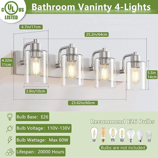 Brushed Nickel Bathroom Light Fixtures, Wall Mounted 4-Light Bathroom Lights Over Mirror with Clear Glass Shade,Wall Sconces for Kitchen Living Room Bedroom