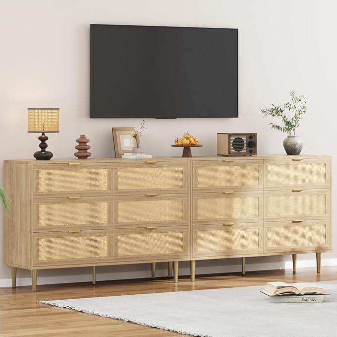 IDEALHOUSE Rattan 6 Drawer Dresser for Bedroom, Modern Chest of Drawers with Gold Legs and Gold Handles, Wide Double Dresser with Large Tabletop and Anti-Tipping Design for Bedroom Living Room, Oak