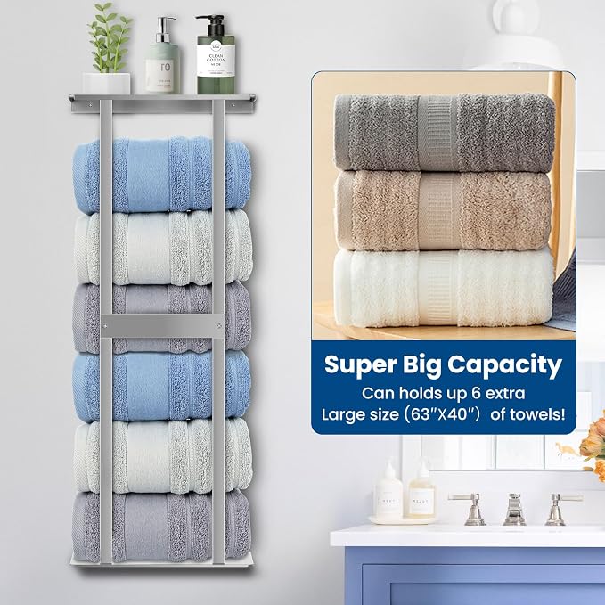 Bathroom Towel Storage Rack, Wall Mounted Bathroom Towel Rack, 30 inch Heavy Duty 6 Large Towels, Wall Mounted Towel Rack for Rolled Towels, Silver