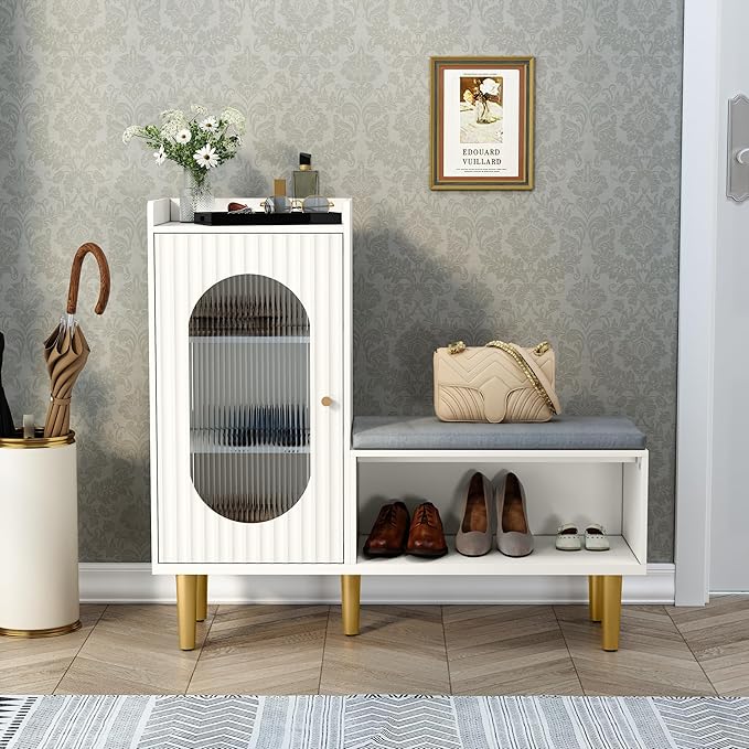 HLR Storage Bench Set of 2, White Modern Entryway Shoe Cabinet Bench with Glass Door&Shelf, L-Shaped Storage Cabinet with Padded Seat for Hallway, Bedroom, Living Room, Office