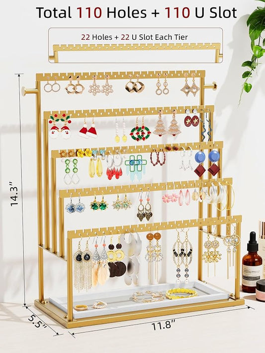 Earring Holder Organizer Gold, 5-Tier Jewelry Display Stand with Elegant Gold Metal Frame and Wooden Tray, Large Earring Holder for Studs, Hoops, Dangles, Decorative Jewelry Organizer for Women