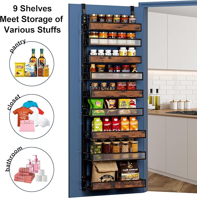 9 Tier Over the Door Pantry Organizer 2 IN 1 Hanging or Wall Mounted Spice Rack with Adjustable Basket,Heavy Duty Seasonning Storage Shelf for Kitchen Pantry and Bathroom Black