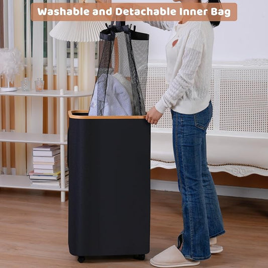iEGrow 110L Laundry Basket with Wheels,Clothes Hamper for Laundry,Laundry Hamper with Lid and Inner Bag, for Laundry Room, Bedroom, Dormitory Storage,Black