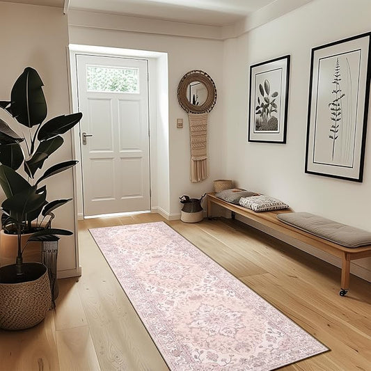 RELEANY Area Rugs Runner 2'x8' Washable Non-Slip, Floral Vintage Distress Medallion Carpet for Kitchen Hallway Bedroom Beside Laundry Room Bathroom, Pink Greypink Cute