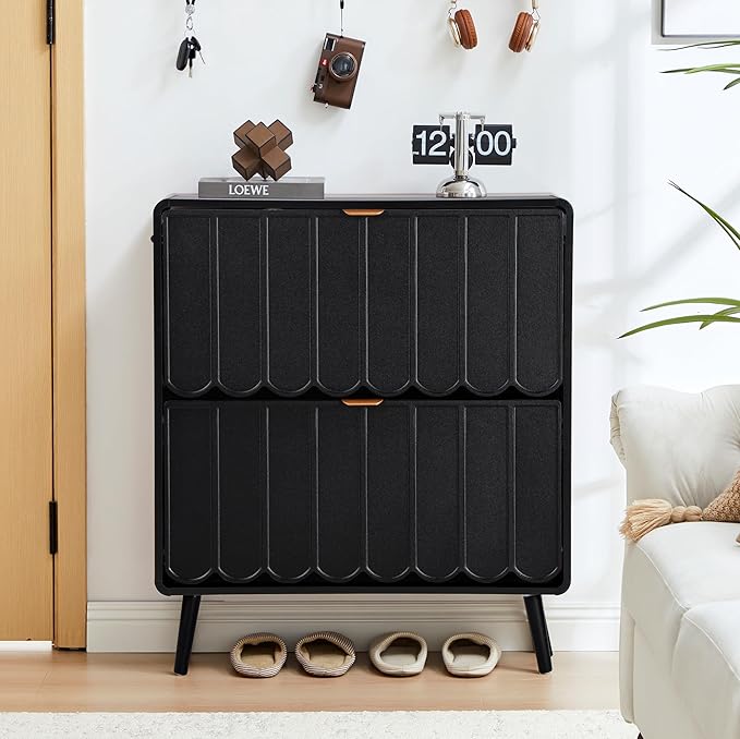 Shoe Storage Cabinet for Entryway with 2 Flip Drawers Set of 2, Freestanding Narrow Wood Shoe Cabinet with Wave Panel, Hidden Shoe Organizer for Foyer, Hallway (Black)
