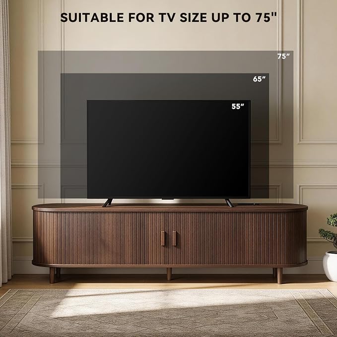 65" Mid Century Modern TV Stand with Power Outlet, Fluted Entertainment Center with Storage and Adjustable Shelves, Wood TV Console with Sliding Doors for Living Room, Walnut
