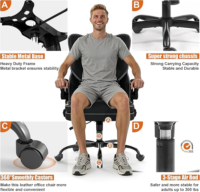 Ergonomic Office Chair with Flip-up Armrests 300lbs,Middle-Tall Computer Office Desk Chair with Lumbar Support,Executive Leather Chair with Rocking Function Adjustable Height for Home Office