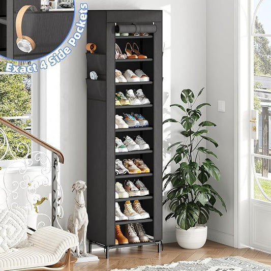 Simple Trending Narrow Shoe Rack with Cover, 10 Tier Shoe Organizer Storage, Tall Free Standing Shoe Cabinet Holds 20 Pairs for Closet, Black