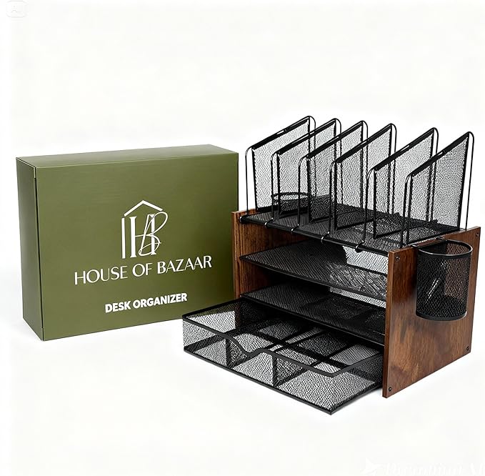 Wooden & Metal Desk Organizer β 4-Tier Vertical Desktop Storage with File Trays, Pen Holder & Drawer β Space-Saving Office & Home Workspace Organizer