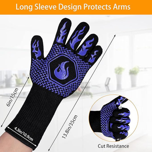 BBQ Fireproof Gloves, Grill Cut-Resistant Gloves 1472°F Heat Resistant Gloves, Non-Slip Silicone Oven Gloves, Kitchen Safe Cooking Gloves for Oven Mitts,Barbecue,Cooking, Frying, Blue(2 Pairs)