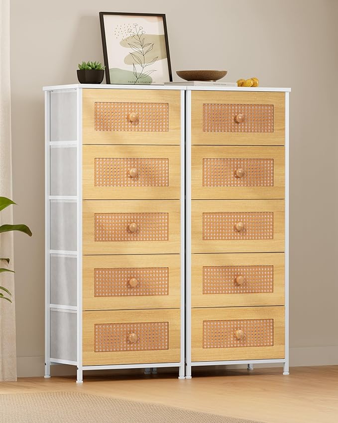 Crestlive Products Rattan Dresser, Tall Fabric Storage Tower, Chests of Drawers with Handles - Organizer Unit for Bedroom, Hallway, Entryway, Closets - 5 Drawers (Natural Drawers, White Top & Frame)