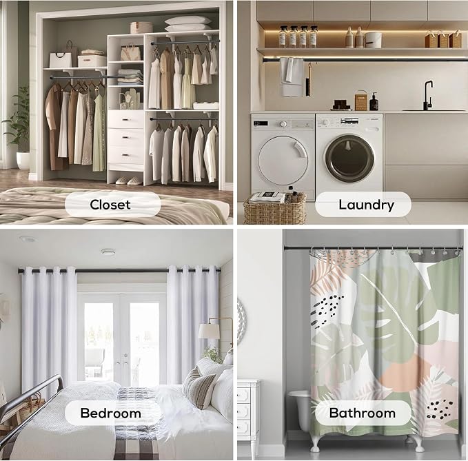 Closet Rods for Hanging Clothes, 1.3 Inch Diameter Heavy Duty Closet Rod 17-64 Inch Adjustable, Metal Closet Poles for Hanging Clothes, Matte Black Bar for Closet, Wardrobes, Bathroom, Windows