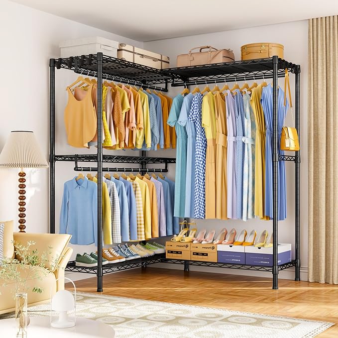 E15 Pro Garment Rack L Shaped Clothes Rack for Corner,Freestanding Clothing Racks for Hanging Clothes,Heavy Duty Closet System with 4 Hanging Rods & 8 S Hooks,48.8"W x 15.8"D x 78.4"H,Black
