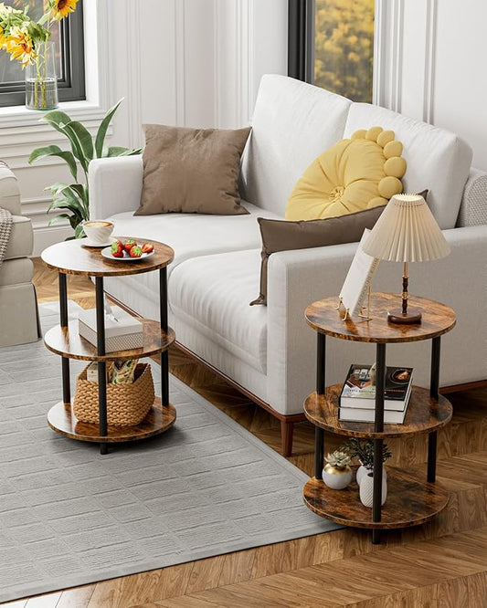XBurmo Small Round End Table - 3 Tier Design Accent Table, Narrow Side or Bedside Stand, Industrial Vintage Nightstand for Bedroom, Living Room, or Small Spaces, Set of 2, Rustic Brown