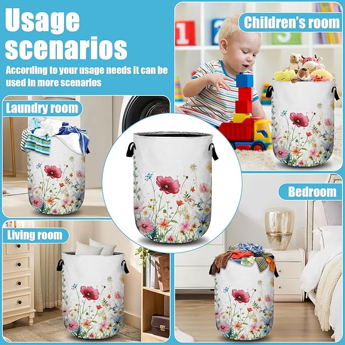 Watercolor Wildflowers Laundry Basket, Floral Laundry Hamper Collapsible Oxford Cloth with Handle Clothes Toy Storage Bin for Bathroom Laundry Room Bedroom 15.7 X 20 Inch