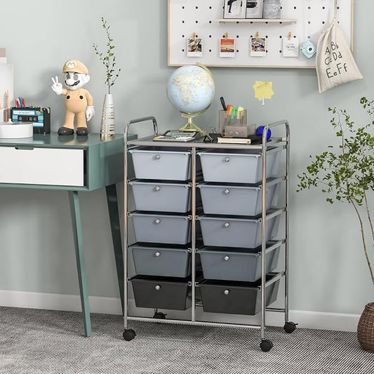 Giantex 10 Drawers Rolling Cart, Classroom Organizers, Storage Cart with Wheels, for Teacher Office Home School Supplies Tool Craft Art Paper, Black Gradient