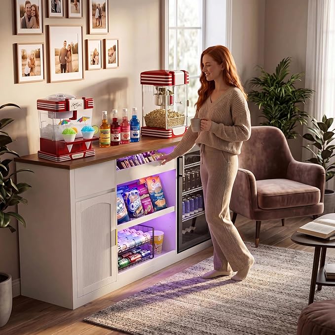 GDLF Snack Bar Cabinet with Fridge Space, 70.1" Snack Organizer with Storage and Candy Display Shelf, Coffee Station for Home Theater or Game Room with LED Lights, White