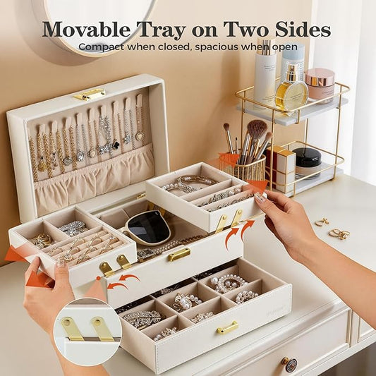 Dajasan Jewelry Organizer Box, Large Jewelry Boxes for Women Girls, Space-Saving 3 Layers Jewelry Storage Case with Drawer, Movable Metal Stand, Modern, Gift Idea (Cloud White + Gold)