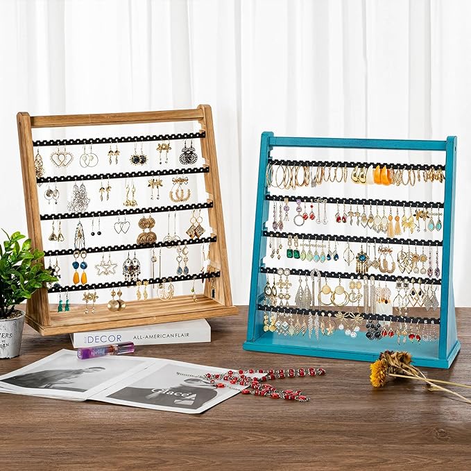 Poyilooo Earring Organizer Stand, Rustic Wood Earring Holder Rack, 5 Layer Jewelry Holder Organizer with 270 Earring Tree Holes Display for Stud Earings & Hoop Earrings, Gifts for Women (Teal)