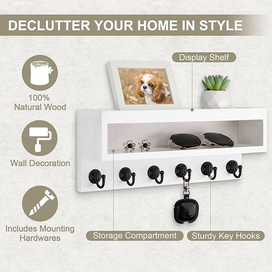 Key and Mail Holder Wall Mount, Key Hanger with Long Storage Box and 6 Hooks for Coat, Dog Leash, Home Decor Rack, House Accessories, Entry Way Organizer (White)