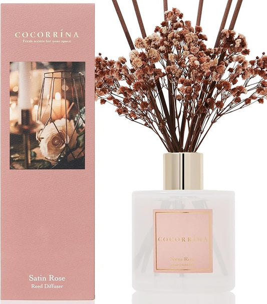 CocorrΓna Reed Diffuser Sets- Satin Rose Scented Diffuser with Sticks Home Fragrance Reed Diffuser for Bathroom Shelf Decor