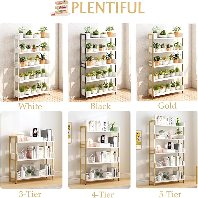 Wide Open Shelf Bookcase - Modern 5-Tier Freestanding Display Bookshelf with Three-Side Panels for Home and Office, Storage Shelving in Warm White with Gold Frame