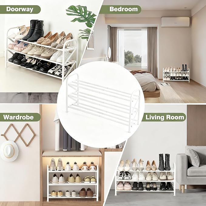 3-Tier Shoe Rack for Closet, 16"-33" Expandable ShoeRackAdjustable for Entryway Closet Doorway SturdyMetal, White